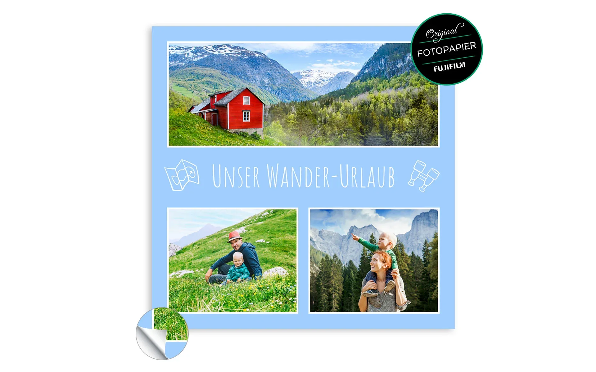 Eine Fotocollage ca. 30 x 30 cm mit dem Text Unser Wander-Urlaub zeigt drei Fotos mit weißem Rahmen vor blauem Hintergrund.