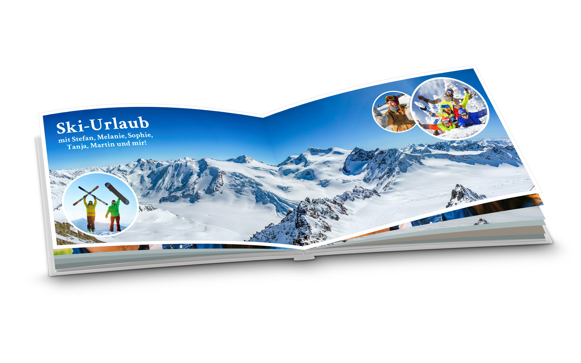 Skibuch mit Bildern von Schneebergen und Personen, die Ski und Snowboards halten.