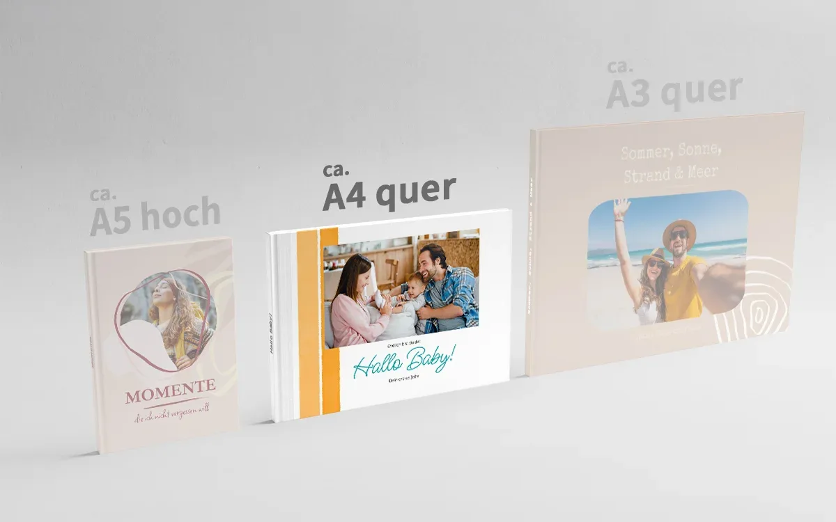 3 Happy Fotobücher in den Formaten ca. A5 hoch, ca. A4 quer und ca. A3 quer nebeneinander. Das Format ca. A4 quer ist hervorgehoben.