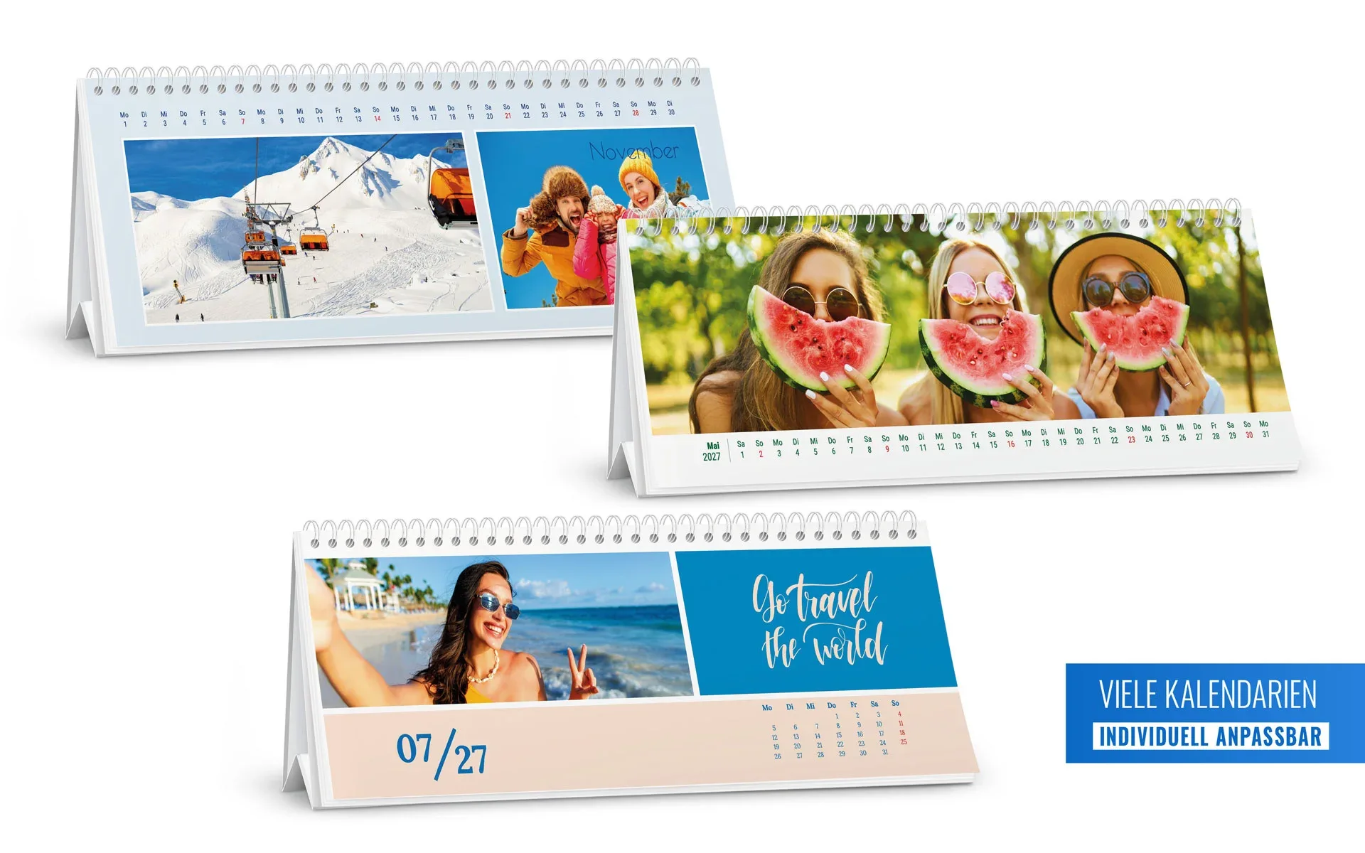 3 verschiedene Tischkalender mit den verfügbaren Kalendarien.