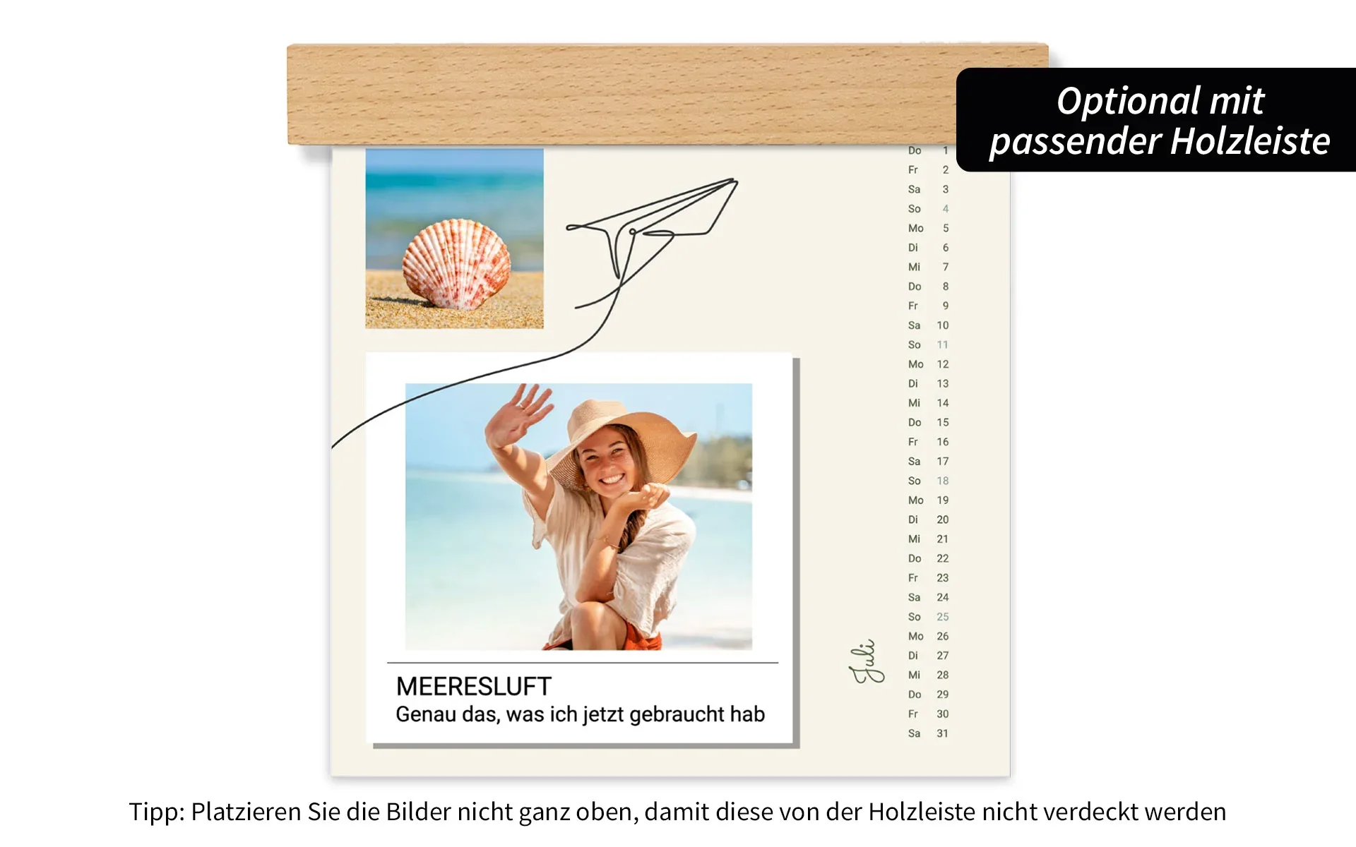 Ein HappyFotokalender ca. 21 x 21 cm mit Holzleiste mit dem Text Meeresluft zeigt eine junge Frau am Strand.