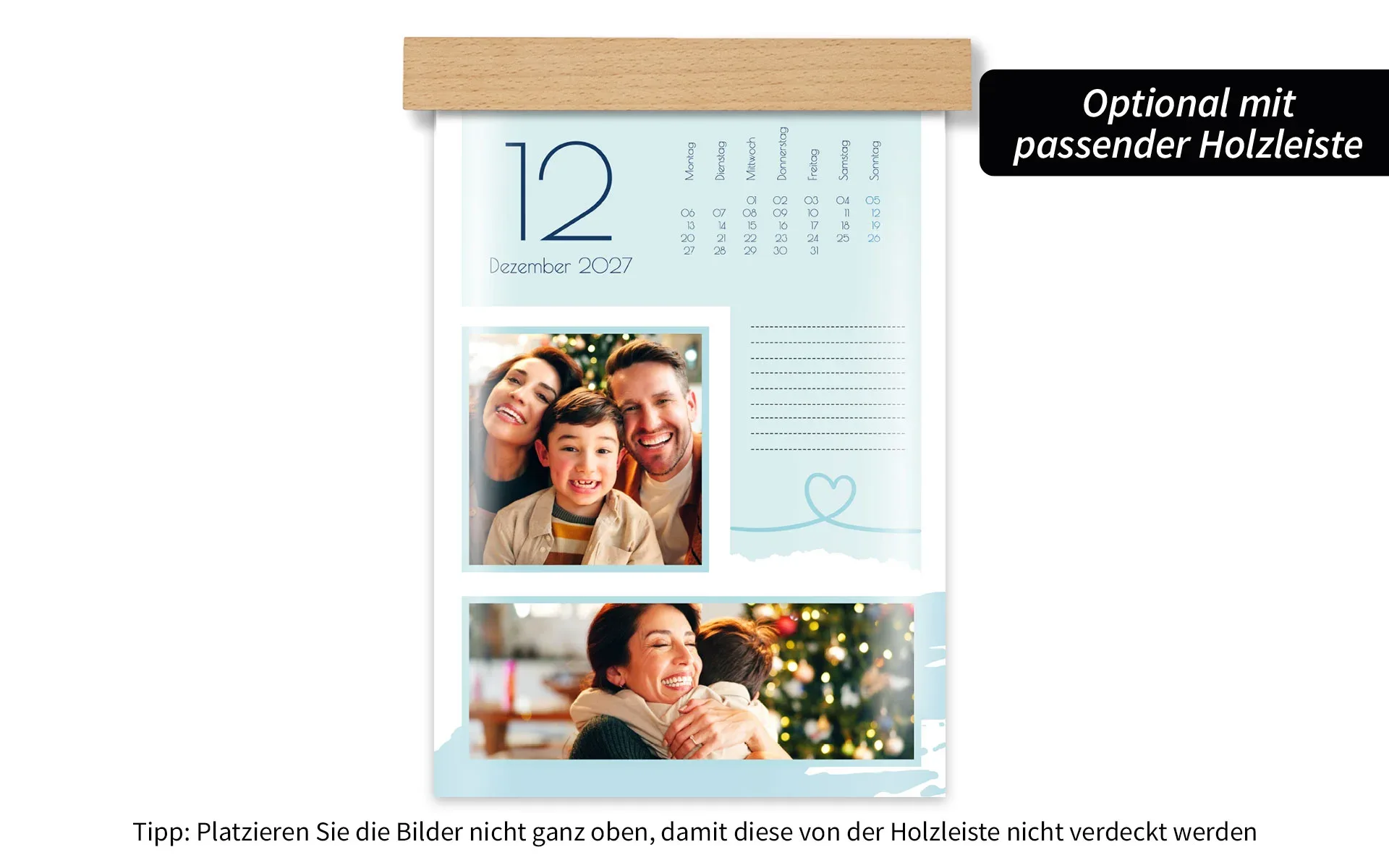 HappyFotokalender ca. A4 hoch mit Holzleiste Ein HappyFotokalender ca. A4 hoch mit Holzleiste zeigt eine Familie an Weihnachten und ein Herz Clipart.