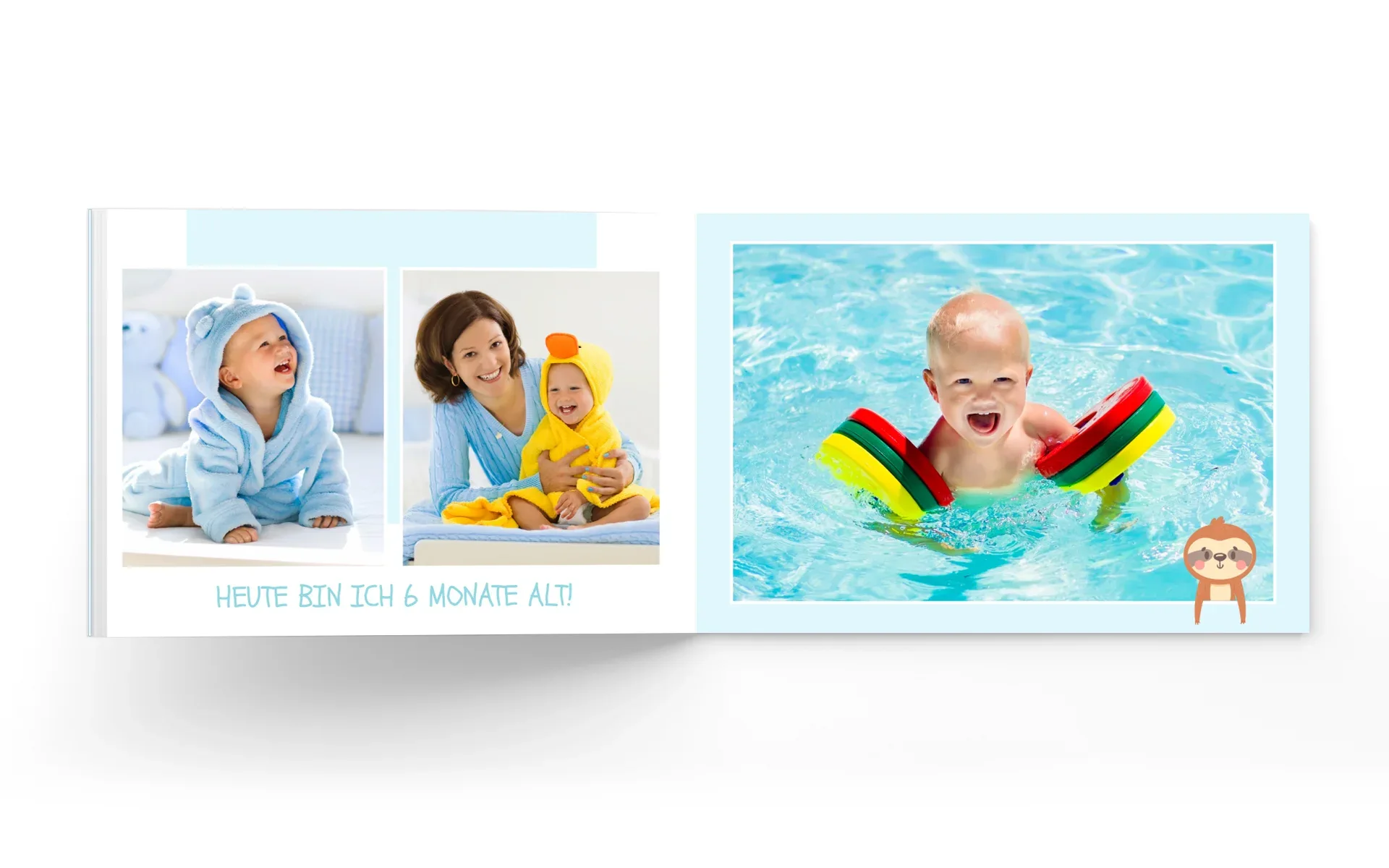 Happy Fotobuch ca. 10 x 15 cm Ein aufgeschlagenes Happy Fotobuch im Format ca. 10 x 15 cm mit dem Text Heute bin ich 6 Monate alt zeigt eine Frau und ein Baby.
