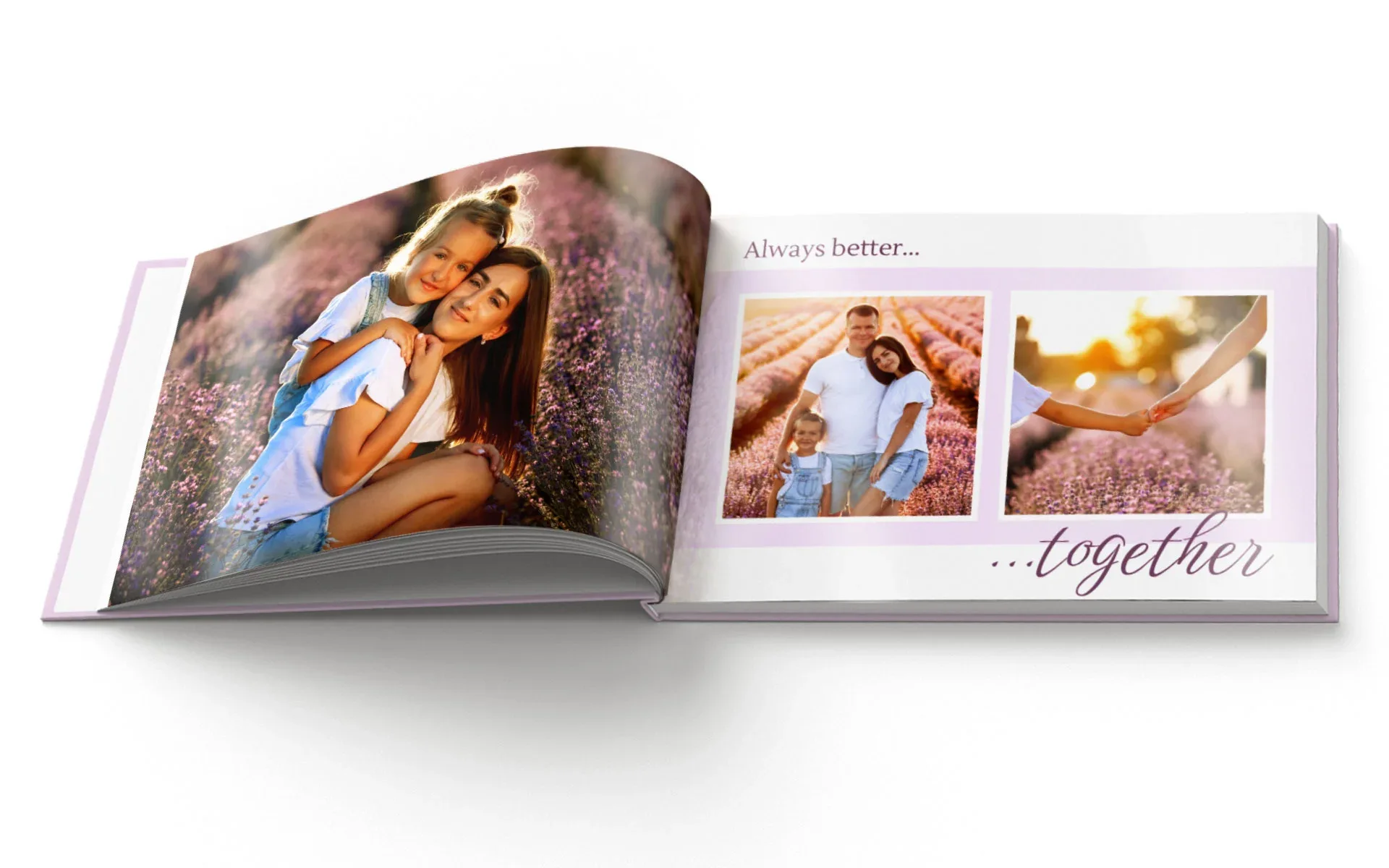 Happy Fotobuch ca. A4 quer Ein aufgeschlagenes Happy Fotobuch im Format ca. A4 quer mit dem Text Always better together zeigt eine Familie in einem Lavendelfeld.