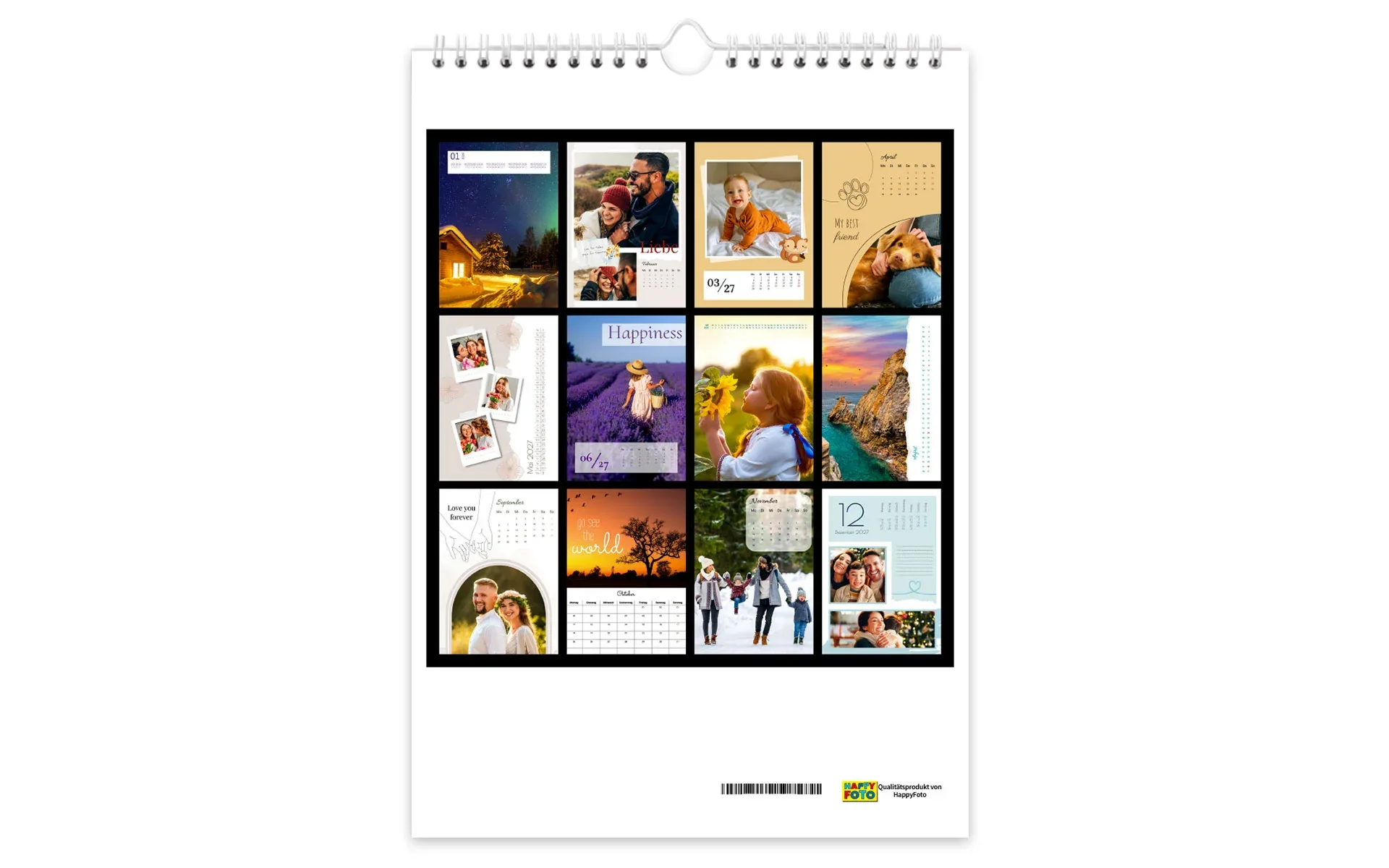 Rückseite eines HappyFotokalender auf der eine Übersicht der verschiedenen Monate zu sehen ist.