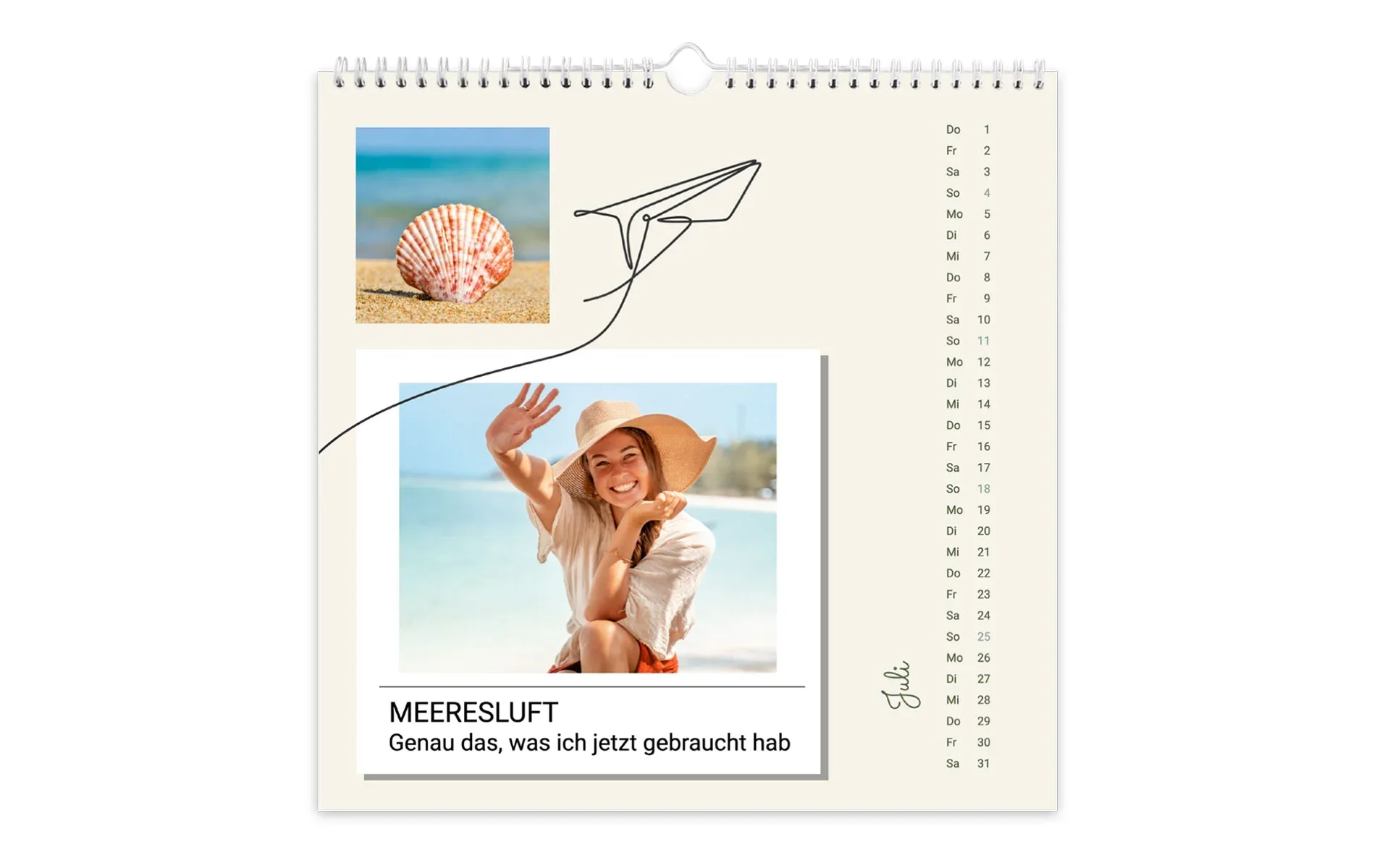 Ein HappyFotokalender ca. 21 x 21 cm mit dem Text Meeresluft zeigt eine junge Frau am Strand.