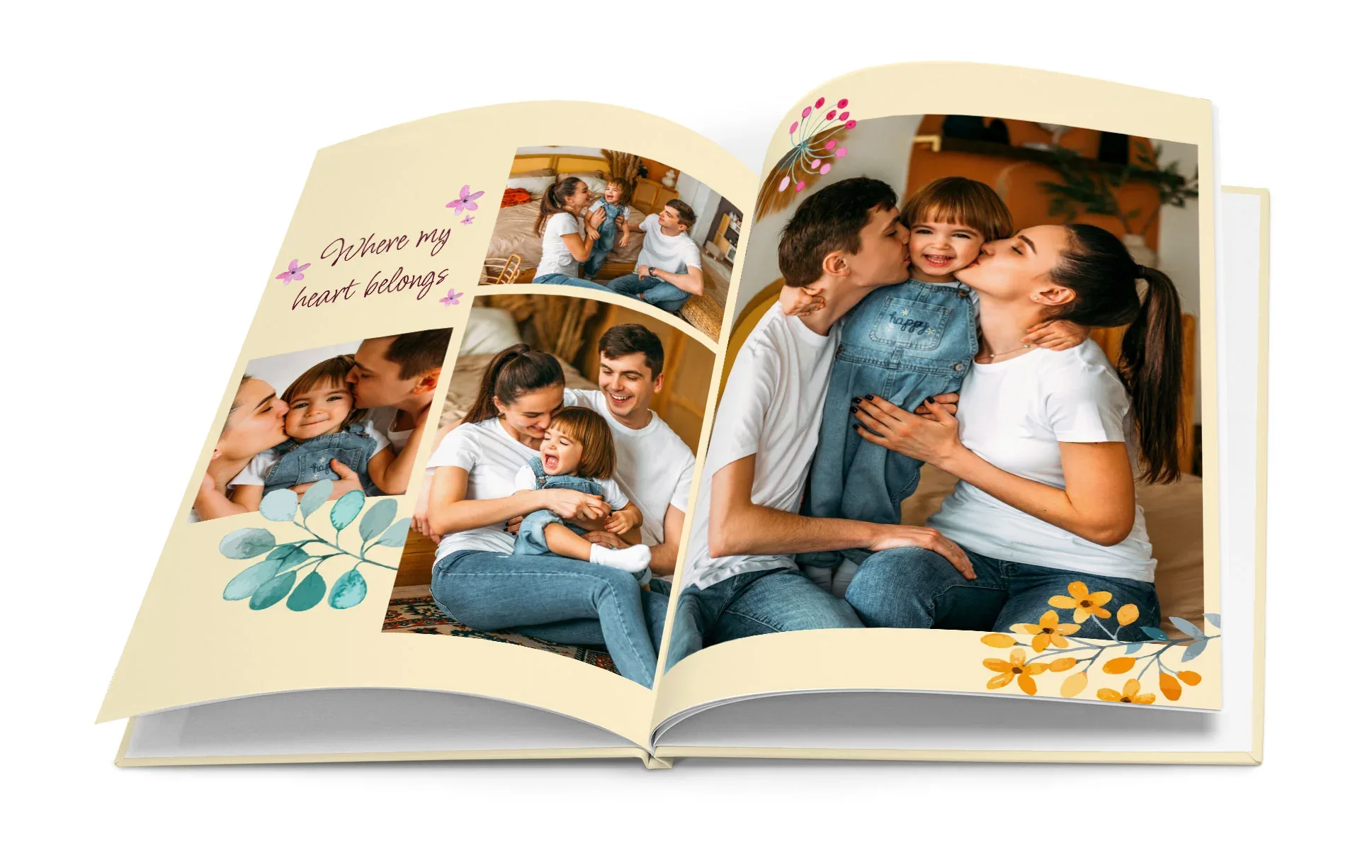 Ein aufgeschlagenes HappyFotobuch ca. A4 hoch mit dem Text Where my Heart belongs zeigt eine Familie und Blumen Cliparts.