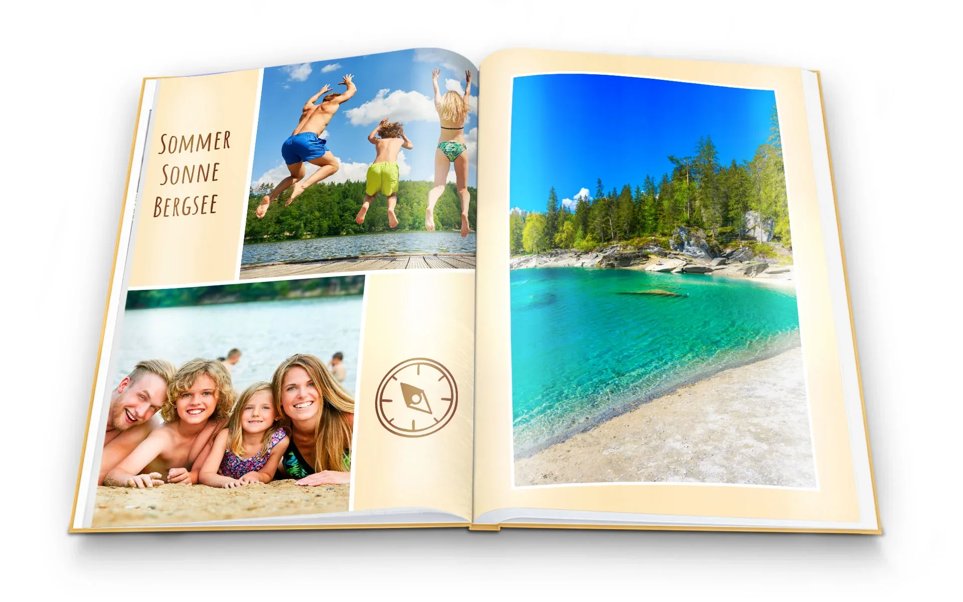 Happy Fotobuch ca. A4 hoch Ein aufgeschlagenes Happy Fotobuch im Format ca. A4 hoch mit dem Text Sommer Sonne Bergsee zeigt eine Familie in der Natur.