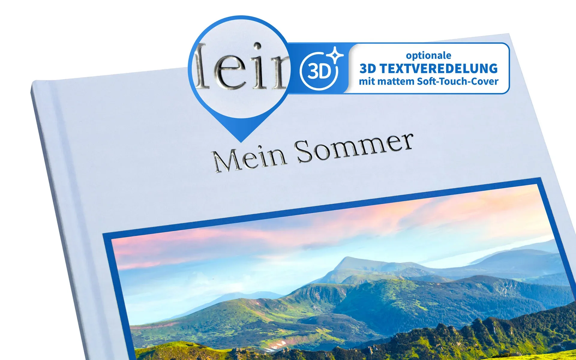 Ein Happy Fotobuch mit einer 3D - Textveredelung bei dem Text Mein Sommer.