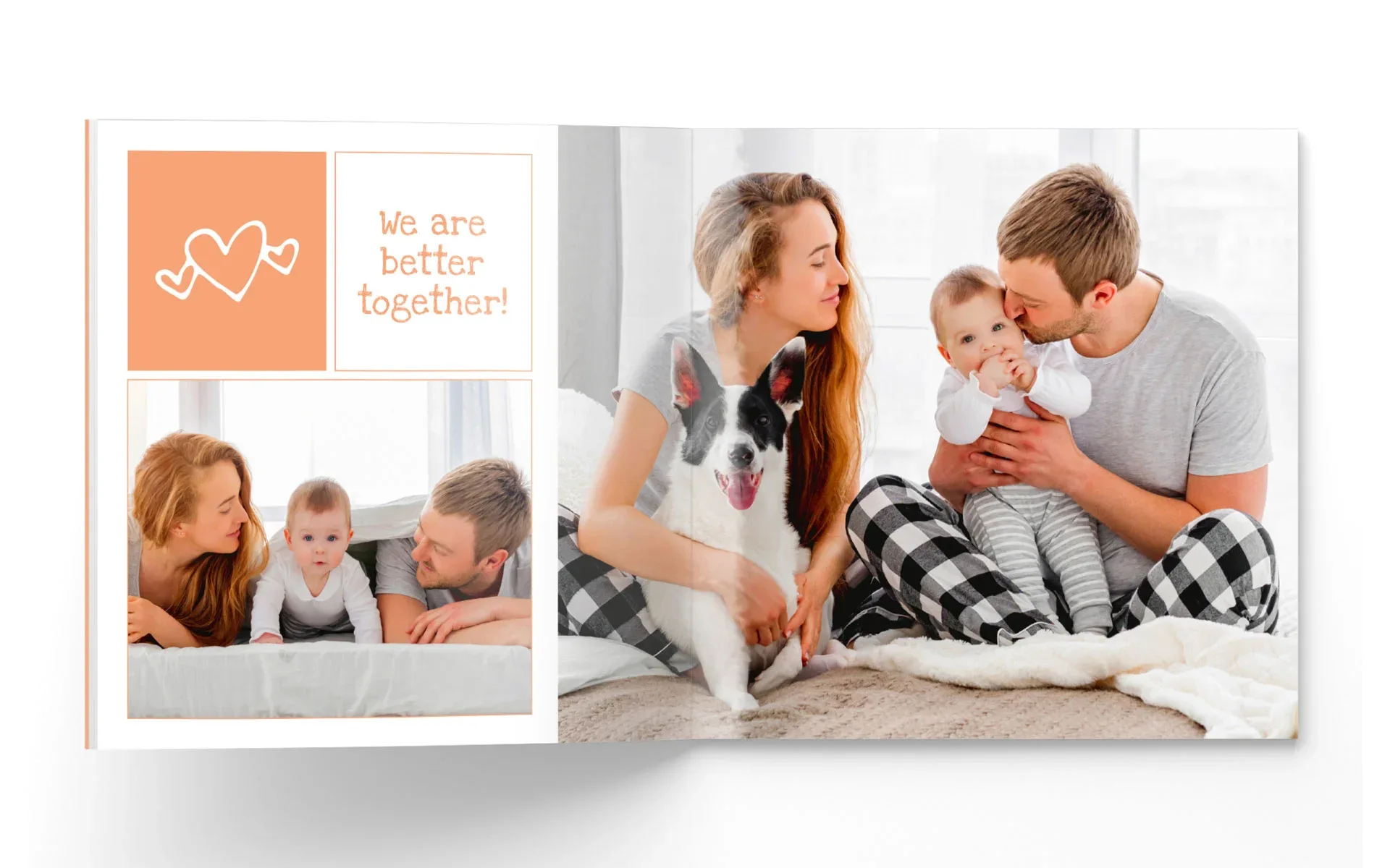 Happy Fotobuch ca. 20 x 20 cm Ein aufgeschlagenes Happy Fotobuch im Format ca. 20 x 20 cm mit dem Text We are better together zeigt eine Familie.