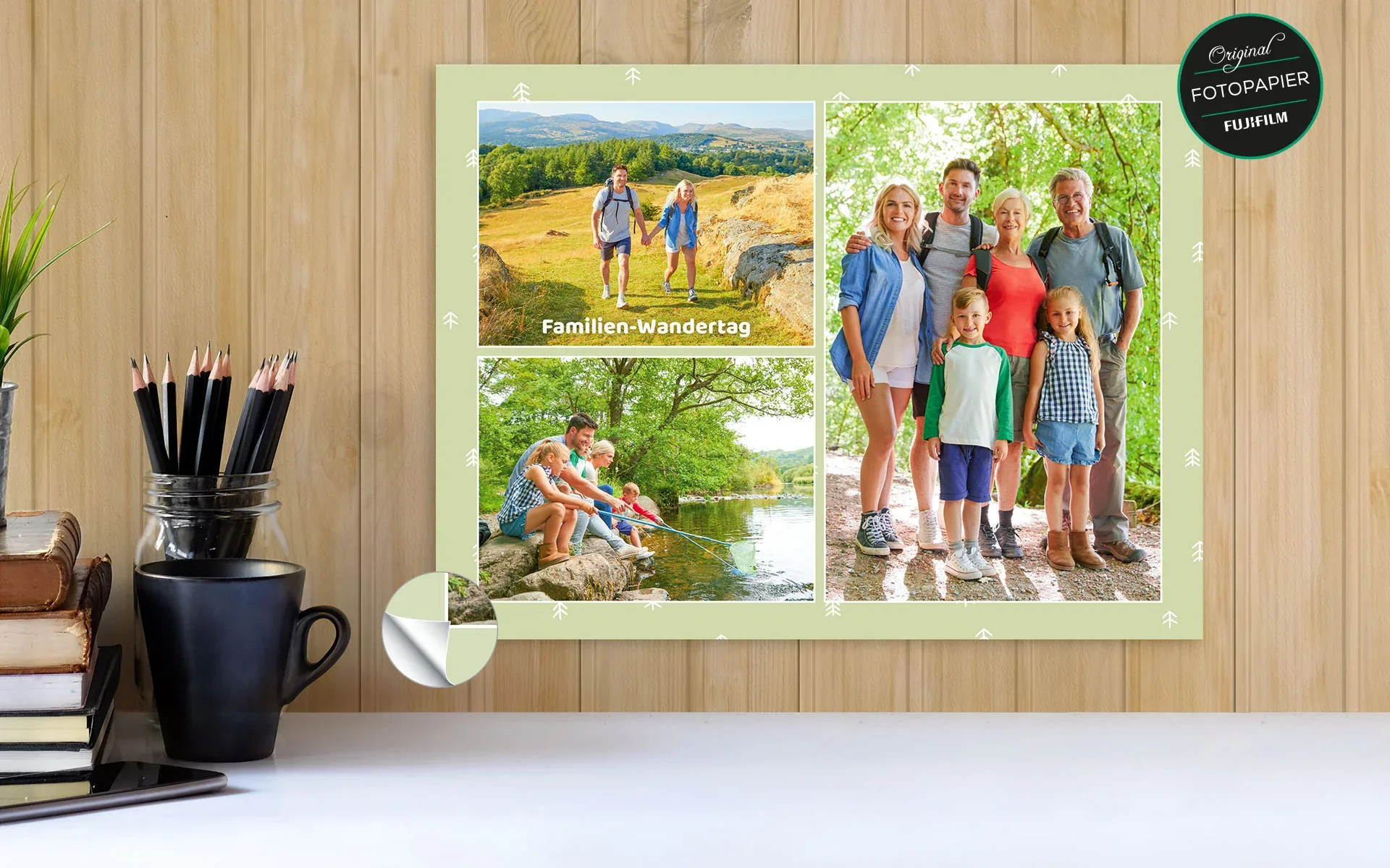 Fotocollage ca. 30 x 40 cm - aufgehängt Eine aufgehängte Fotocollage ca. 30 x 40 cm mit dem Text Familien Wandertag zeigt 3 Familienfotos vor grünem Hintergrund.