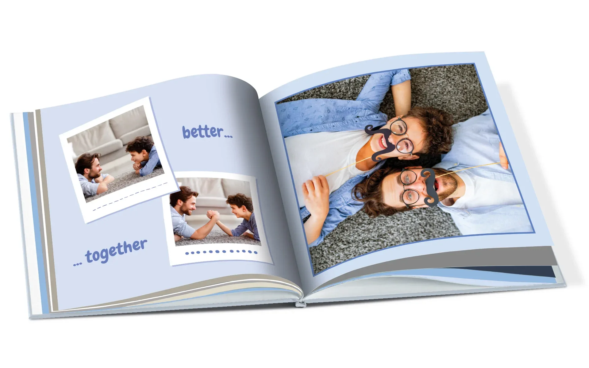 Happy Fotobuch ca. 20 x 20 cm Ein aufgeschlagenes Happy Fotobuch im Format ca. 20 x 20 cm mit dem Text better together zeigt einen Vater mit seinem Sohn.