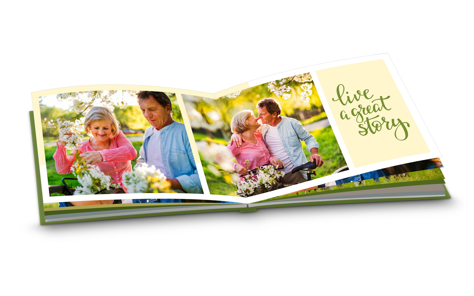 Ein aufgeschlagenes Fotoalbum zeigt ein älteres Paar, das gemeinsam mit Blumen in der Natur arbeitet und sich anlächelt.