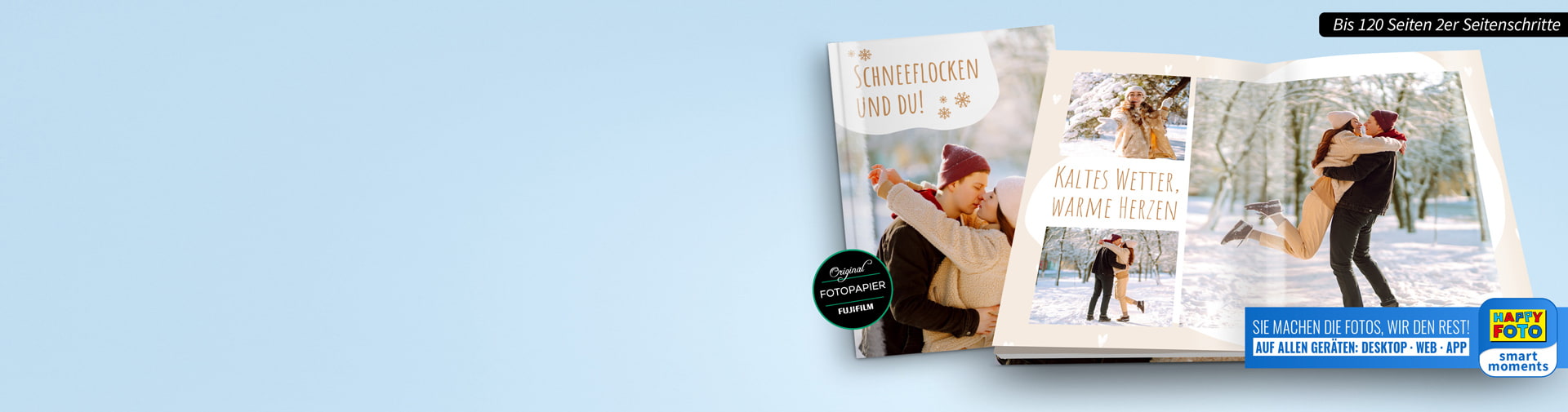 Ein Fotobuch mit winterlichen Motiven und einem Paar, das sich in der Kälte umarmt.