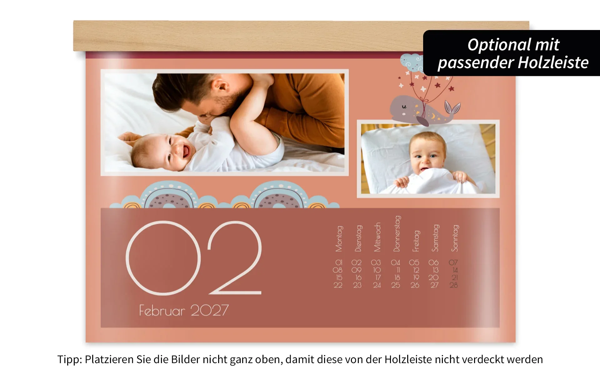 HappyFotokalender ca. A4 quer mit Holzleiste Ein HappyFotokalender ca. A4 quer mit Holzleiste zeigt 2 Fotos von einem Baby und bunte Cliparts.