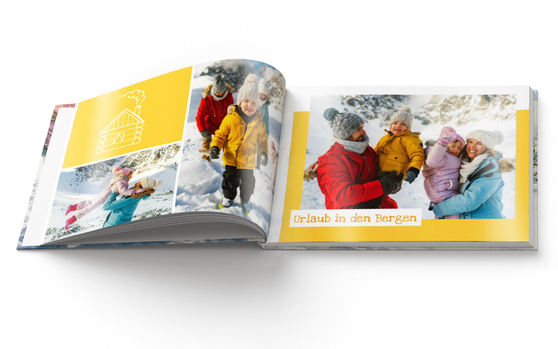 Ein offenes Fotobuch zeigt Familienmomente im Schnee mit fröhlichen Kindern und Erwachsenen in warmer Kleidung.
