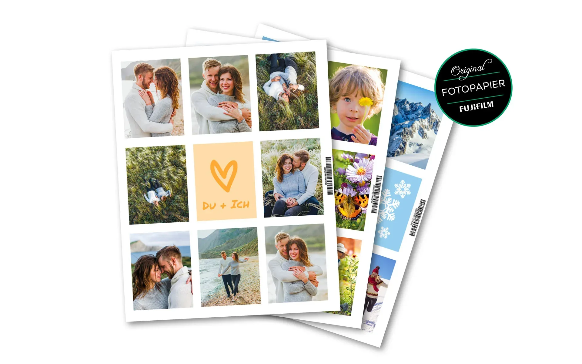 3 Bögen mit Mini-Fotos zeigen verschiedenste Fotos und Cliparts.
