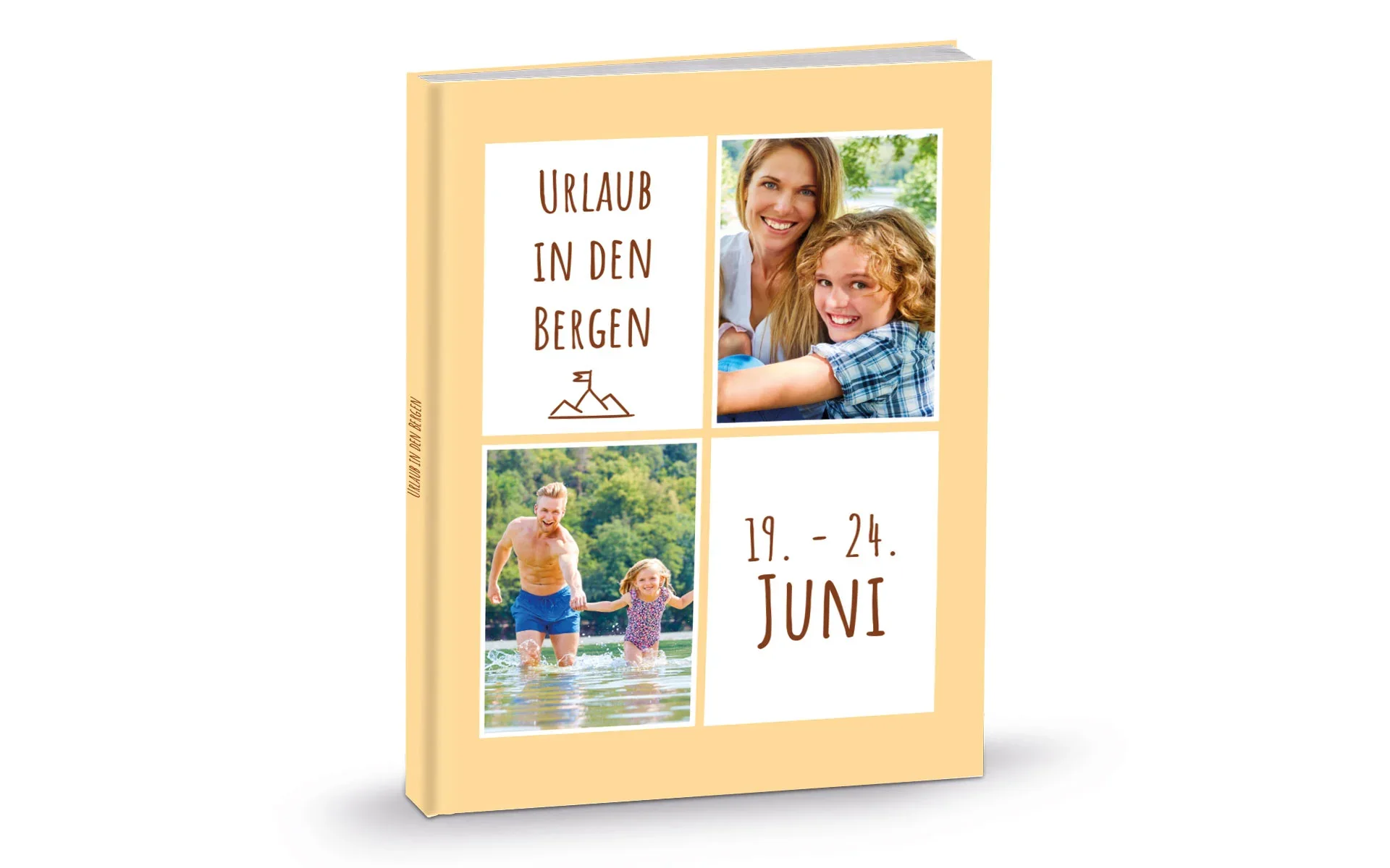 Happy Fotobuch ca. A4 hoch Ein aufgestelltes Happy Fotobuch ca. A4 hoch mit dem Titel Urlaub in den Bergen zeigt eine Familie in der Natur.