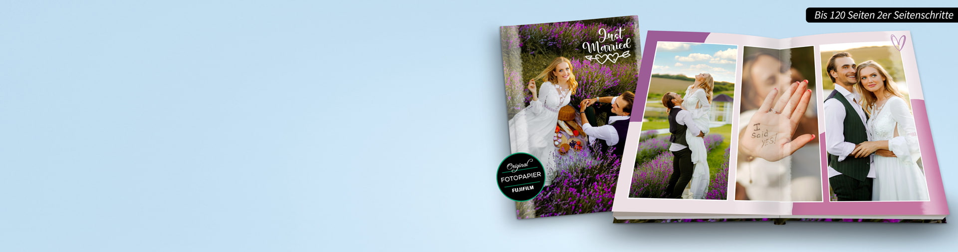 Hochzeitsfotobuch mit Paaren in romantischen Posen und Bildern von der Hochzeit, umgeben von sanftem Hintergrund.