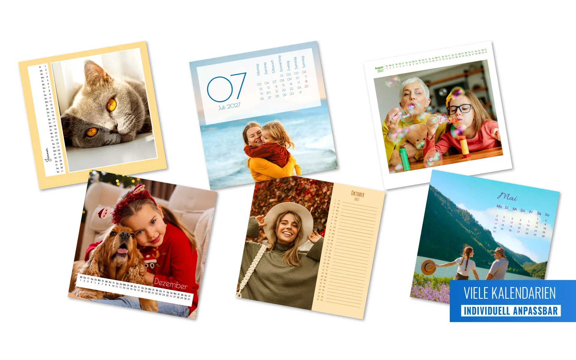 6 verschiedene Holzblock-Kalender quadratisch mit den verfügbaren Kalendarien.
