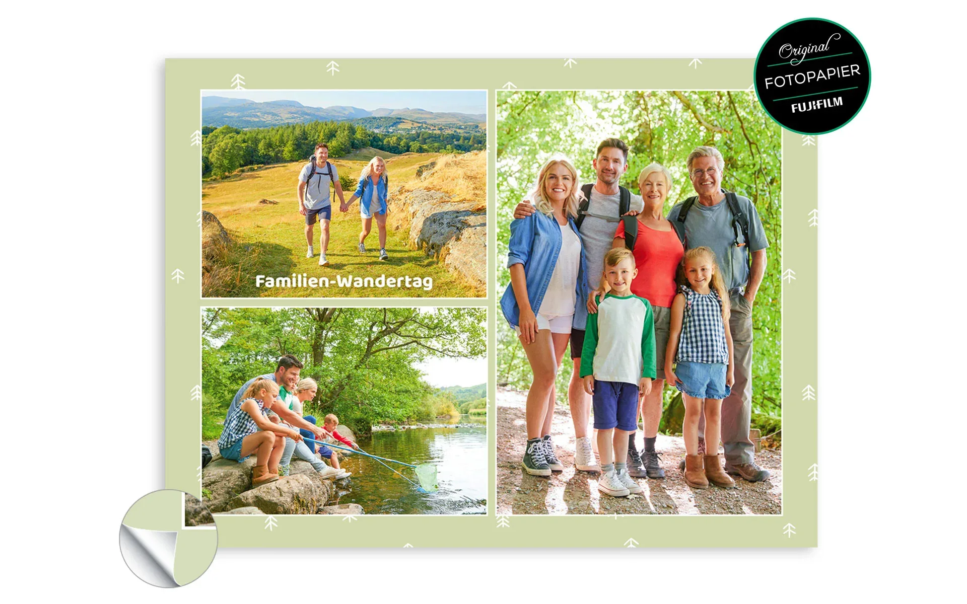 Fotocollage ca. 30 x 40 cm Eine Fotocollage ca. 30 x 40 cm mit dem Text Familien Wandertag zeigt 3 Familienfotos vor grünem Hintergrund.