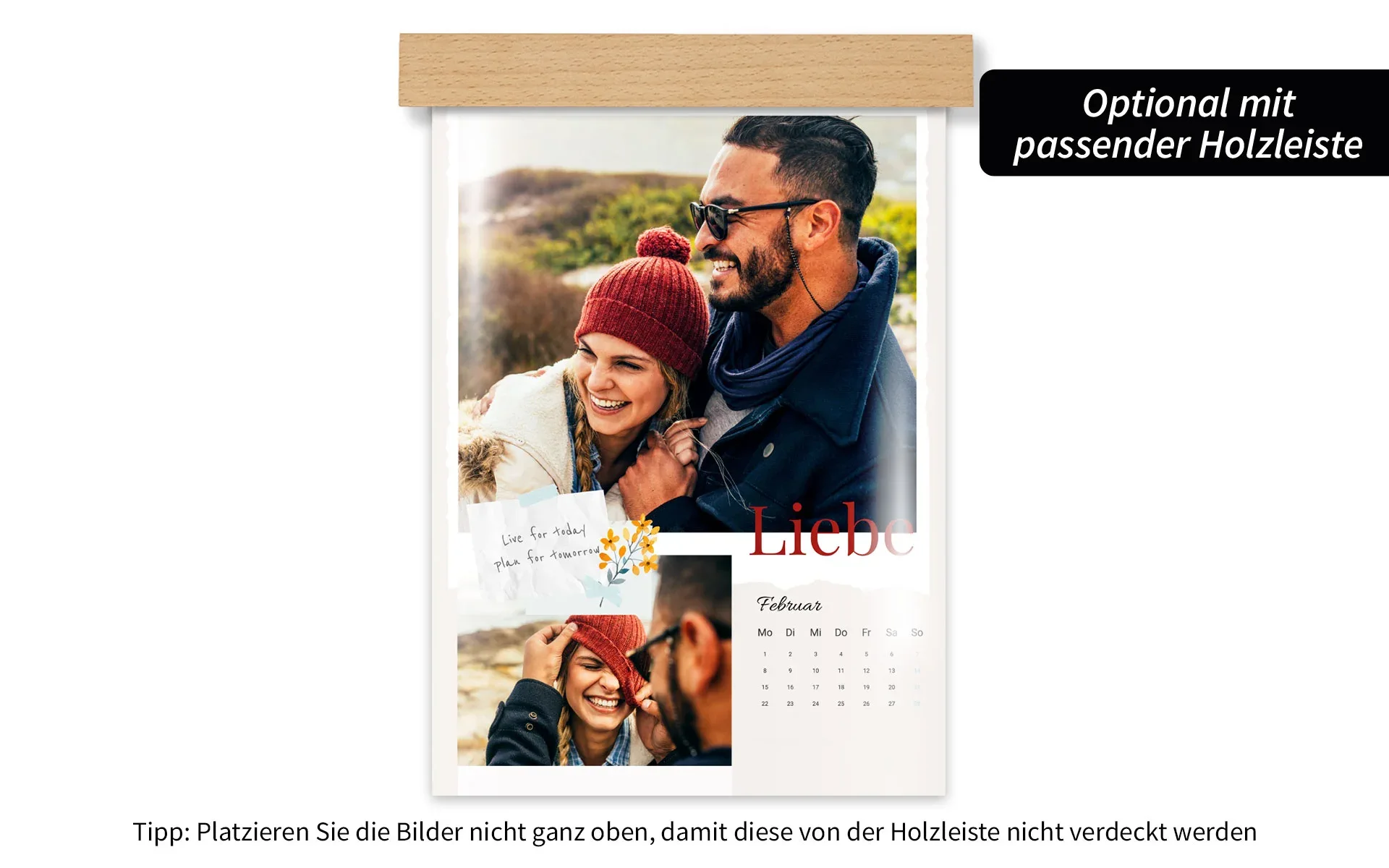 Ein HappyFotokalender ca. A3 hoch mit Holzleiste mit dem Text Liebe zeigt ein Pärchen und ein Blumen Clipart.