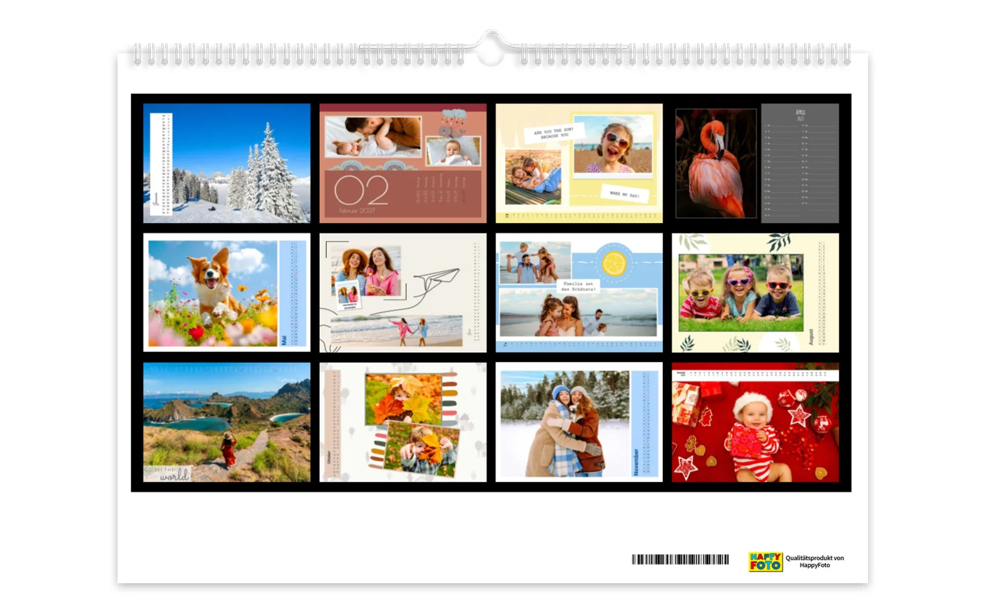 HappyFotokalender – Übersicht auf der Rückseite Rückseite eines HappyFotokalender auf der eine Übersicht der verschiedenen Monate zu sehen ist.