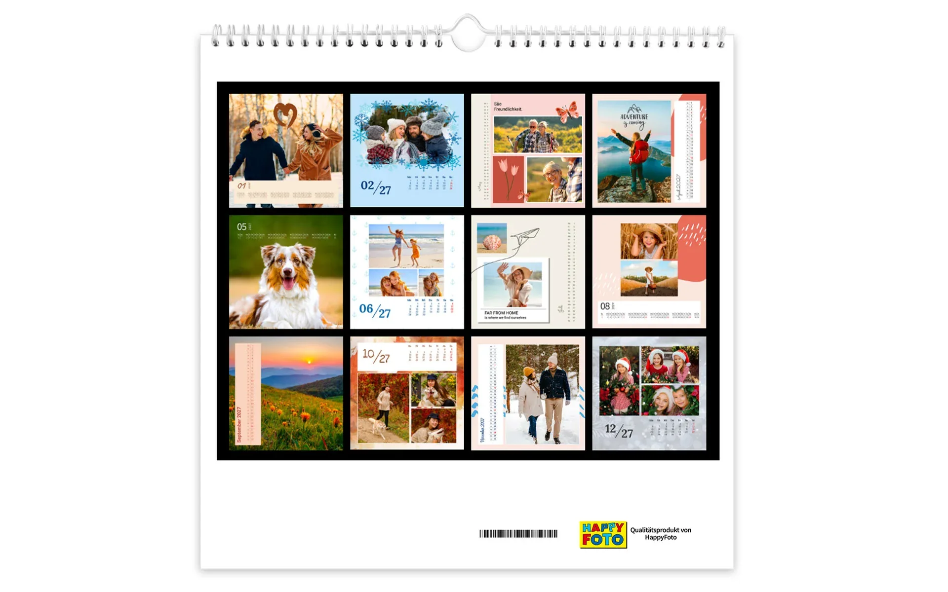 Rückseite eines HappyFotokalender auf der eine Übersicht der verschiedenen Monate zu sehen ist.